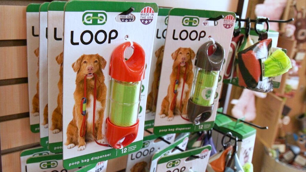 Loop products hanging in a pet store.