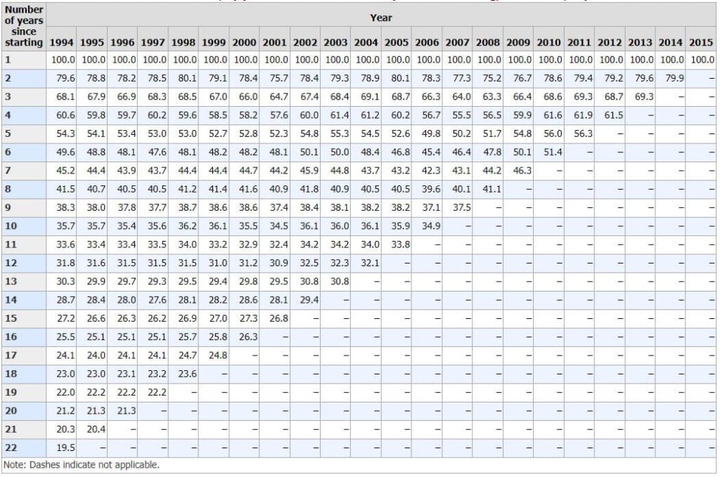 A chart detailing the average age of a business per year.