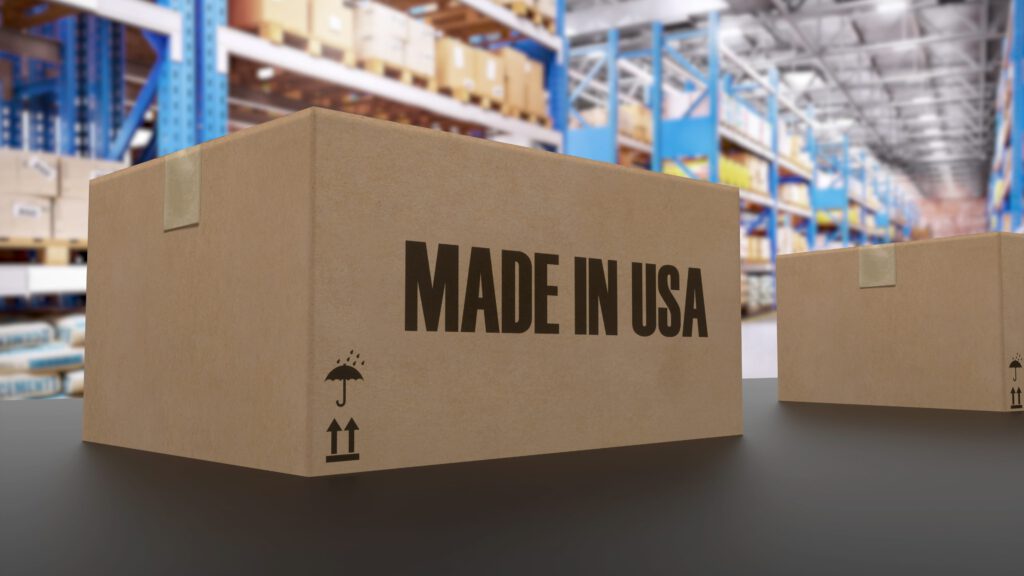 A box sits in a warehouse and is ready to shop out. It is exempt from tariffs because the product was Made In USA.