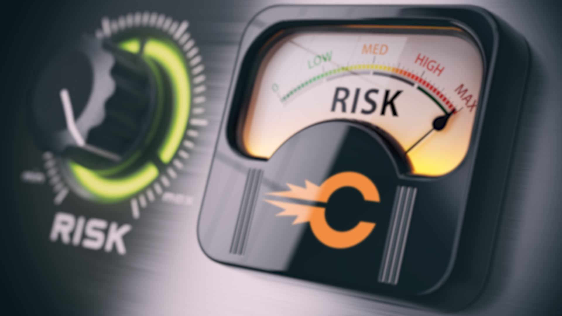 A digitally created image depicting an analog meter which assesses the amount of risk. The needle is pegged in the red.