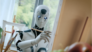 A depiction of an AI robot attempting to produce human-like innovation.