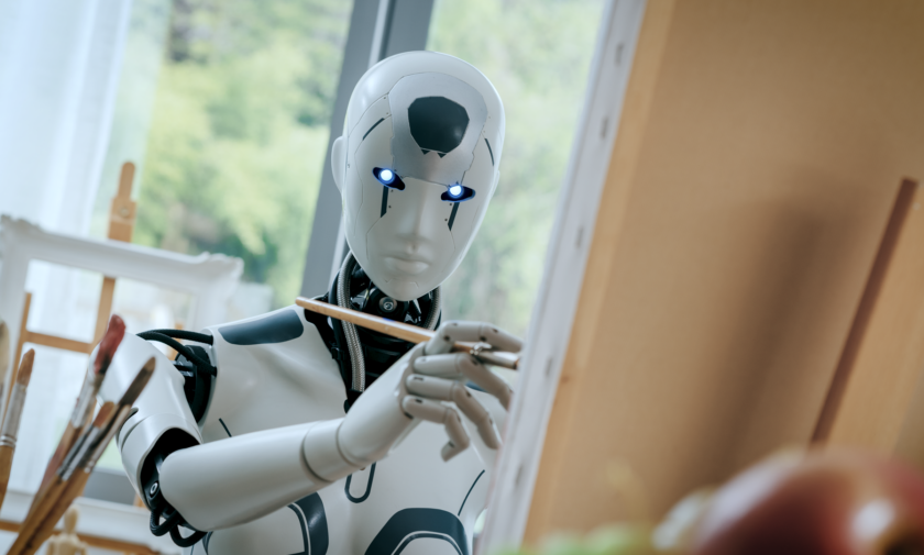 A depiction of an AI robot attempting to produce human-like innovation.